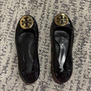 Tory Burch Black Patent Flats with Gold Emblem